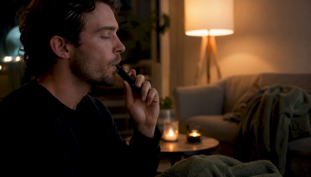 Hands holding vape pen for sleep