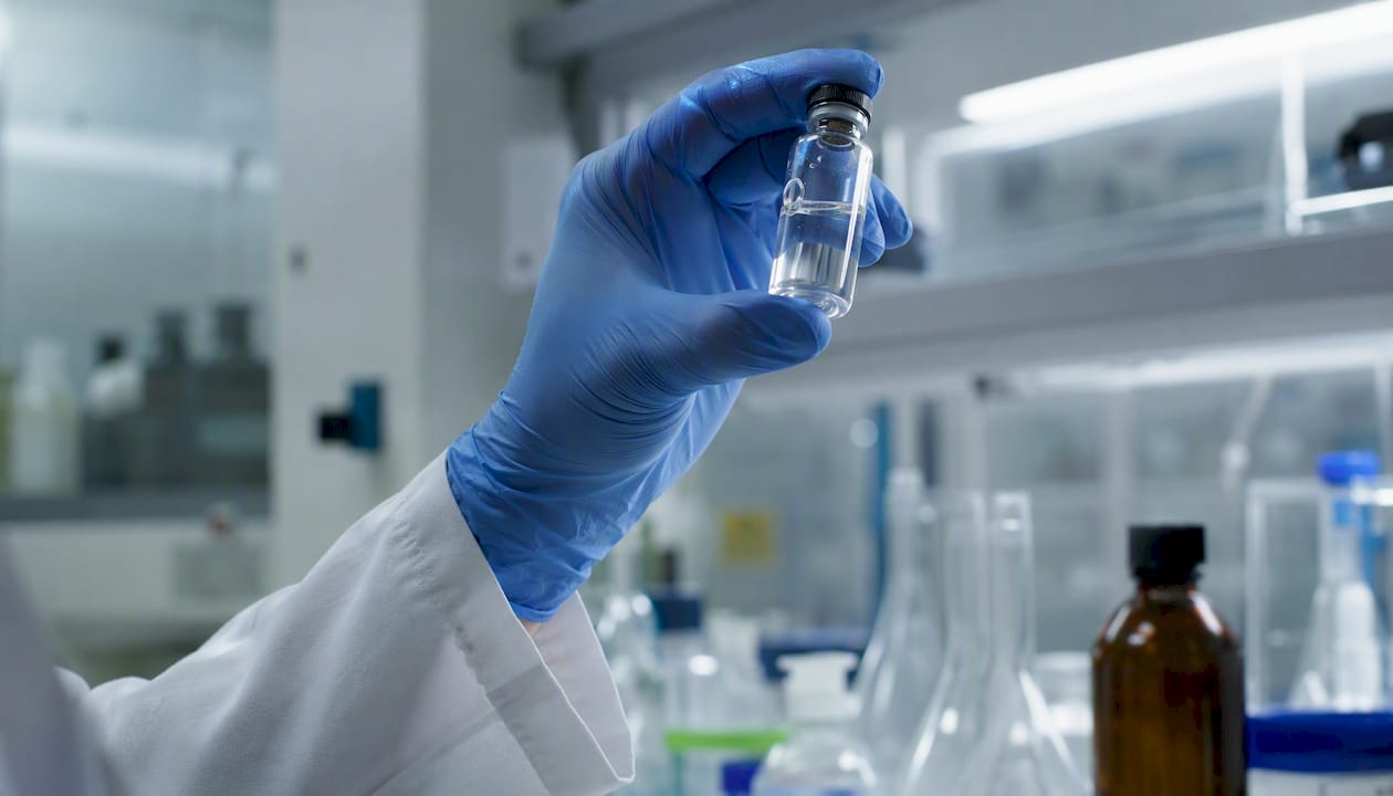 Scientist holding vial in chemical synthesis lab