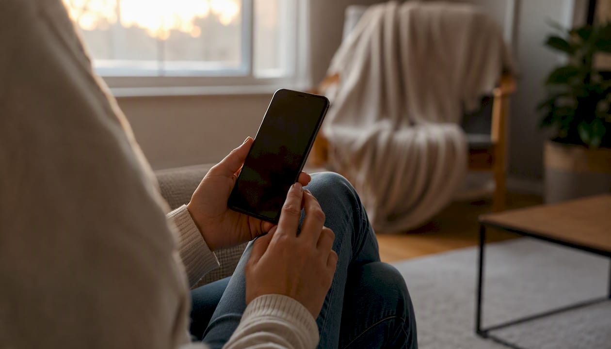 Hands holding smartphone with screen off during telemedicine