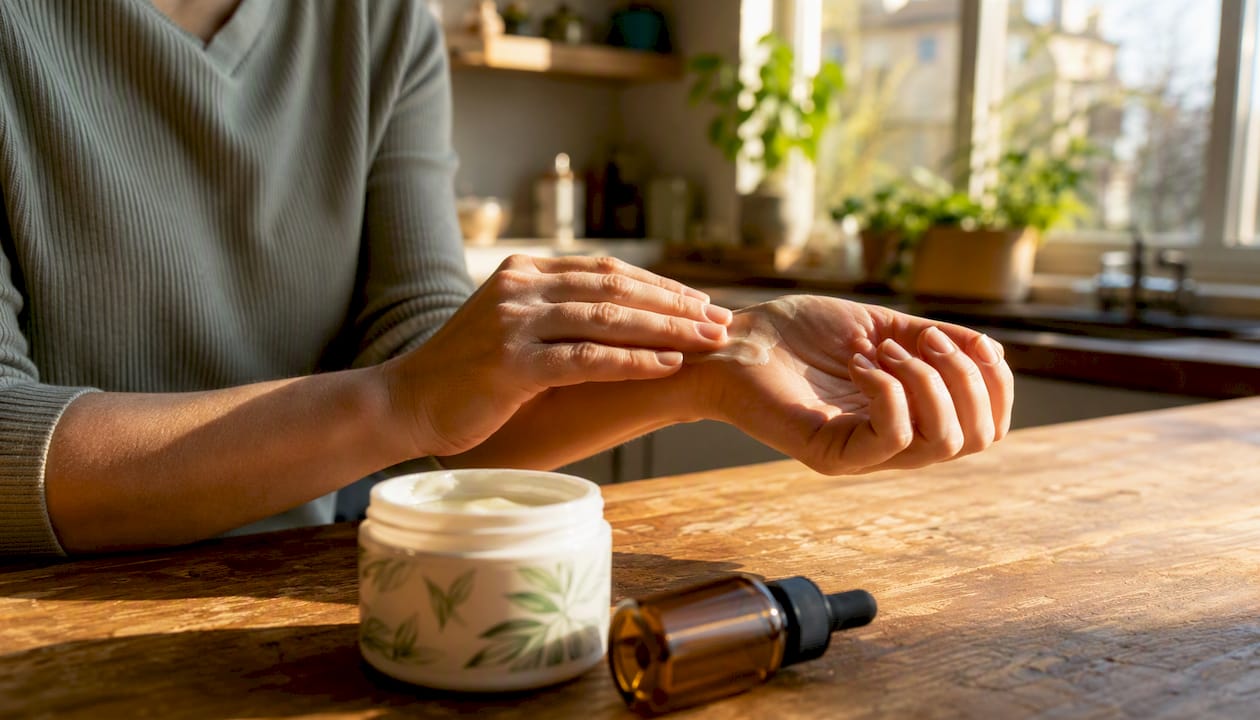 Hands applying cannabis topical cream for arthritis pain relief
