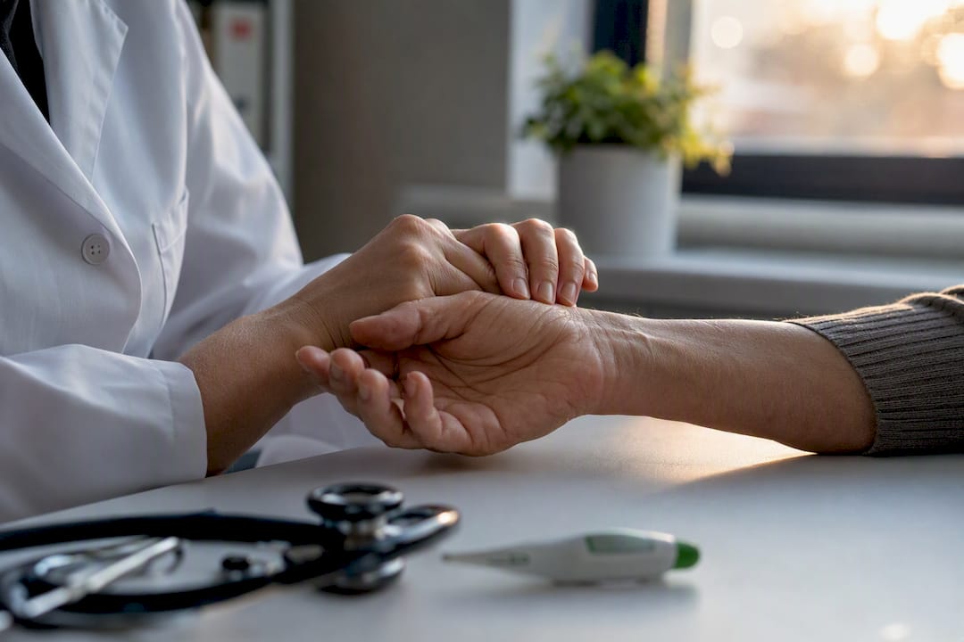 Practitioner examining neuropathy symptoms on patient’s hand