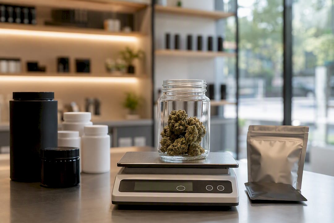 Dispensary scale weighing cannabis sample