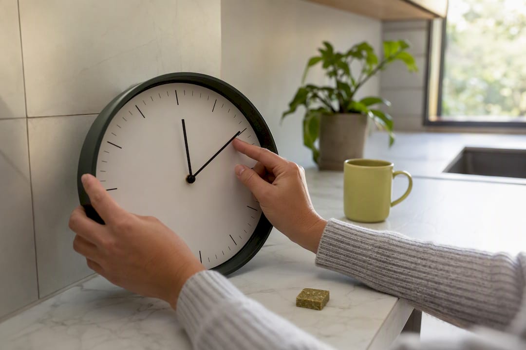 Hands holding kitchen timer next to edible