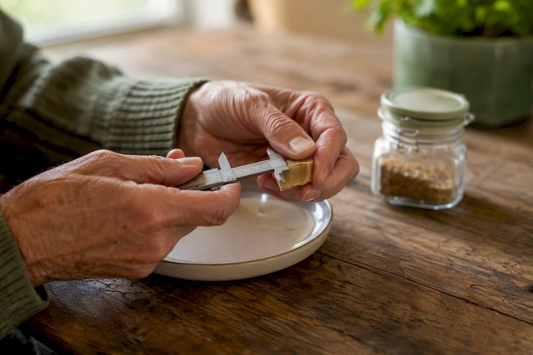 Older adult’s hands measuring edible microdose
