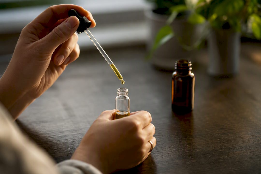 Hands measuring cannabis tincture with dropper