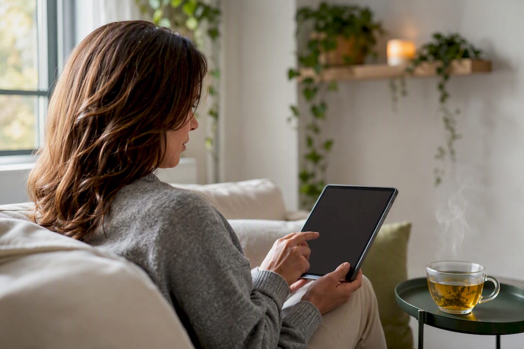 Patient using tablet for online medical cannabis evaluation