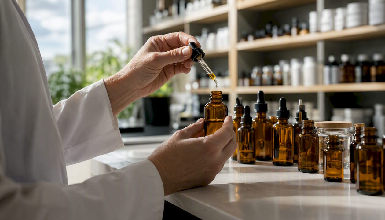 Hands preparing cannabis tincture in pharmacy
